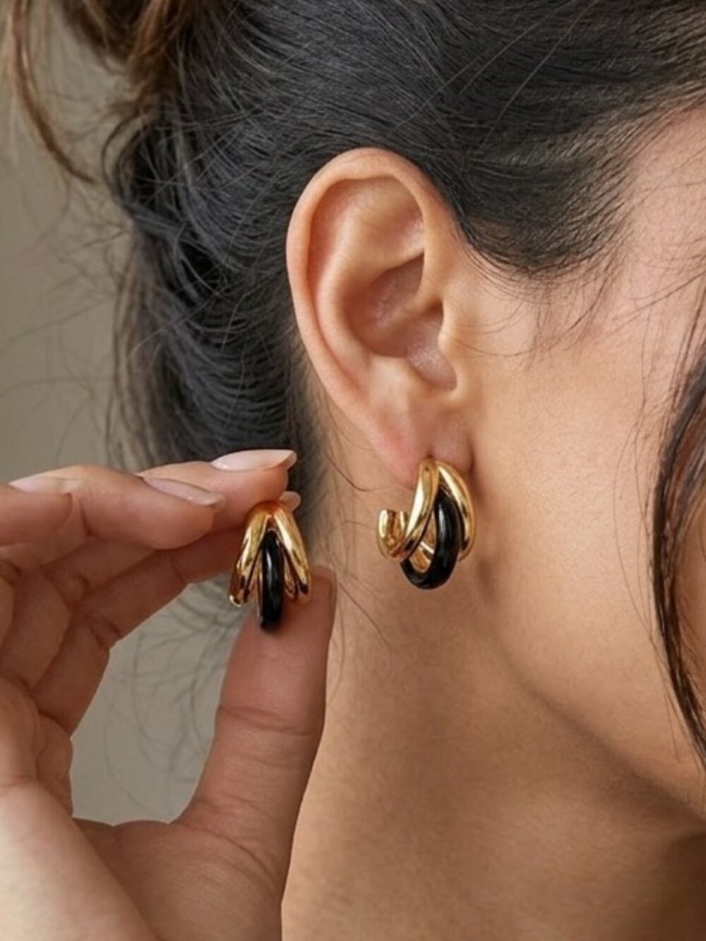 Gold Black Enamel Triple Layer Huggie Hoop Earrings Chunky Modern